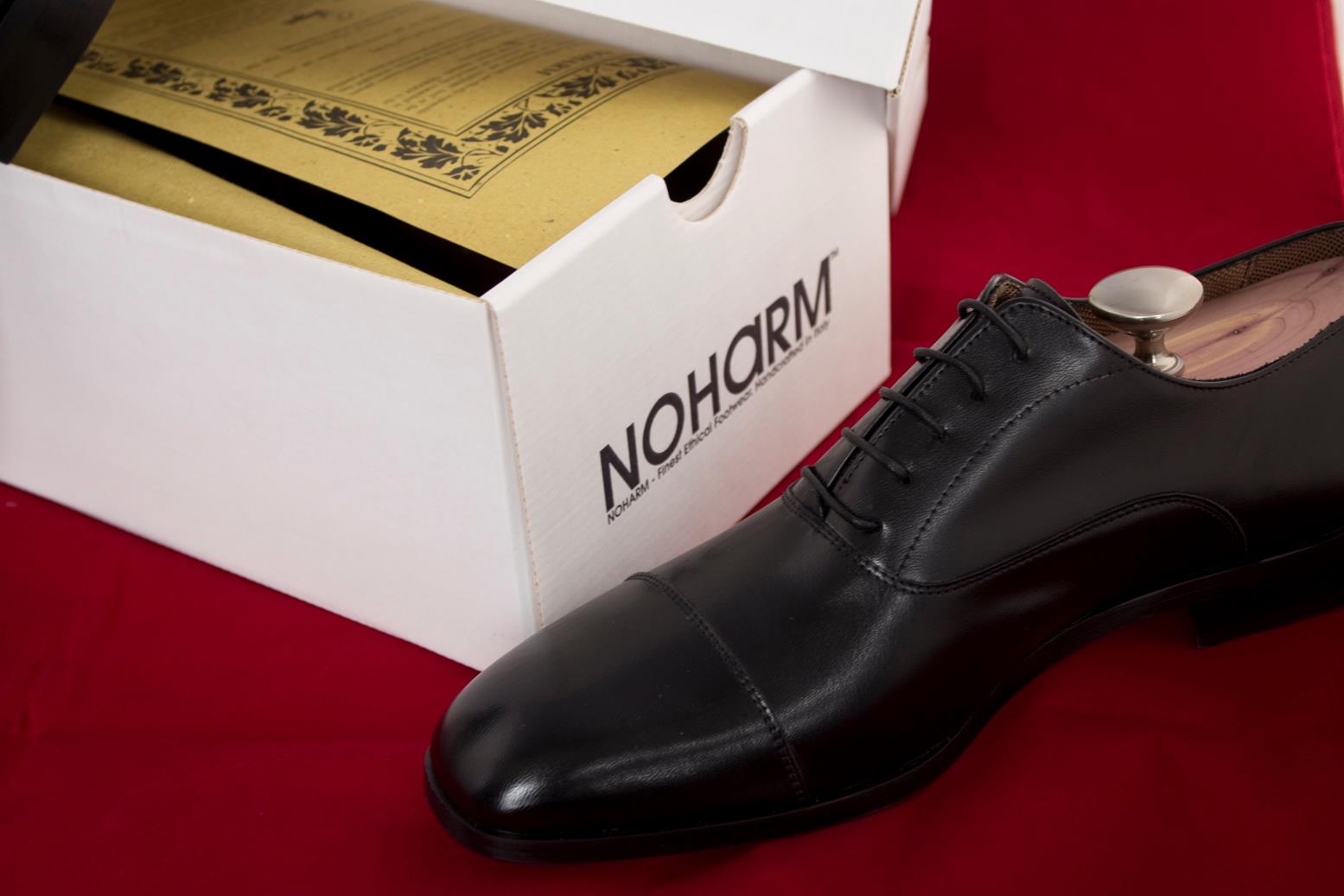 NOHARM® elegant black oxford shoe with branded box on red backdrop